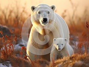 Ai Generated illustration Wildlife Concept of Polar bear sow and cub