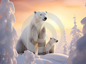 Ai Generated illustration Wildlife Concept of Polar bear with two cubs