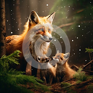 Ai Generated illustration Wildlife Concept of Red Fox and Kits