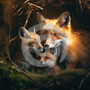 Ai Generated illustration Wildlife Concept of Red Fox and Kits