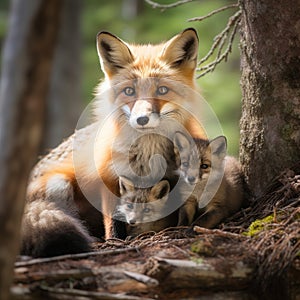 Ai Generated illustration Wildlife Concept of Red Fox and Kits