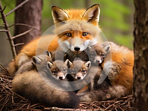 Ai Generated illustration Wildlife Concept of Red Fox Nursing Kits