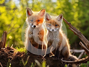 Ai Generated illustration Wildlife Concept of Red Fox Pups Duo - Vulpes vulpes