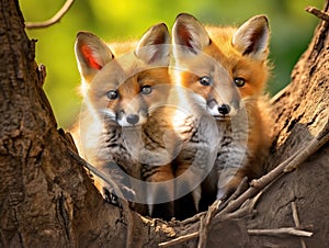 Ai Generated illustration Wildlife Concept of Red Fox Pups Duo - Vulpes vulpes