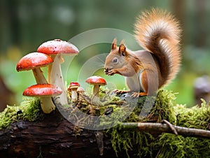 Ai Generated illustration Wildlife Concept of Red Squirrel and Toadstools