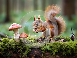 Ai Generated illustration Wildlife Concept of Red Squirrel and Toadstools
