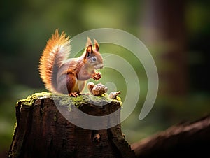 Ai Generated illustration Wildlife Concept of Red Squirrel on a Tree Stump