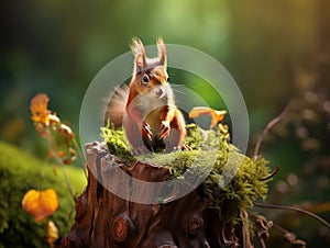 Ai Generated illustration Wildlife Concept of Red Squirrel on a Tree Stump