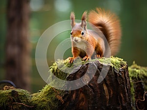 Ai Generated illustration Wildlife Concept of Red Squirrel on a Tree Stump