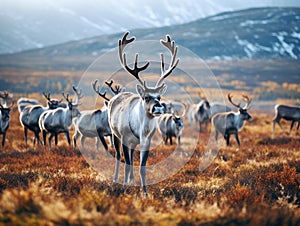 Ai Generated illustration Wildlife Concept of Reindeer grazes in the polar tundra. photo