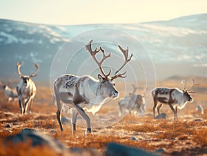 Ai Generated illustration Wildlife Concept of Reindeer grazes in the polar tundra. photo