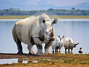 Ai Generated illustration Wildlife Concept of Rhinos in lake nakuru kenya