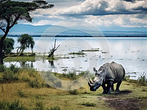 Ai Generated illustration Wildlife Concept of Rhinos in lake nakuru kenya