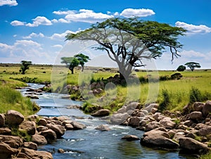 Ai Generated illustration Wildlife Concept of River - Serengeti Safari Tanzania Africa