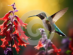 Ai Generated illustration Wildlife Concept of Ruby-Throated Hummingbird And Salvia