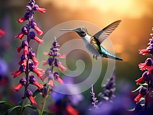 Ai Generated illustration Wildlife Concept of Ruby-Throated Hummingbird And Salvia