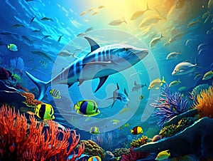 Ai Generated illustration Wildlife Concept of School of tuna