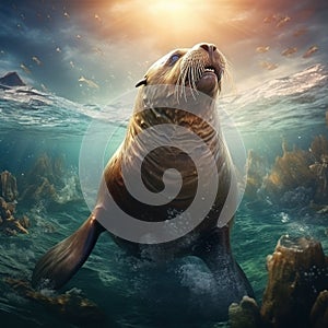 Ai Generated illustration Wildlife Concept of Sea Lion Surf La Jolla California
