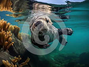 Ai Generated illustration Wildlife Concept of Sea otter floating on its back