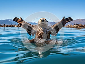 Ai Generated illustration Wildlife Concept of Sea otter floating on its back