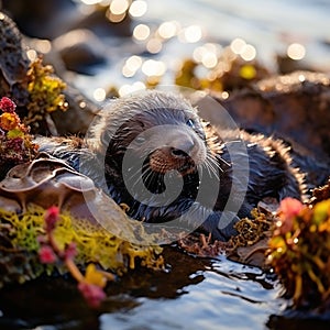 Ai Generated illustration Wildlife Concept of Sea Otter Pup