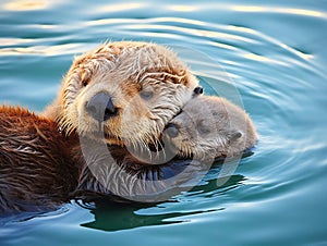 Ai Generated illustration Wildlife Concept of Sea Otter and Pup