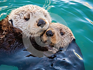Ai Generated illustration Wildlife Concept of Sea Otter and Pup