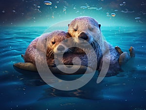 Ai Generated illustration Wildlife Concept of Sea Otter and Pup