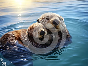 Ai Generated illustration Wildlife Concept of Sea Otter and Pup