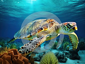 Ai Generated illustration Wildlife Concept of Sea Turtle with remora attached in Mexico