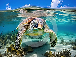 Ai Generated illustration Wildlife Concept of Sea Turtle with remora attached in Mexico