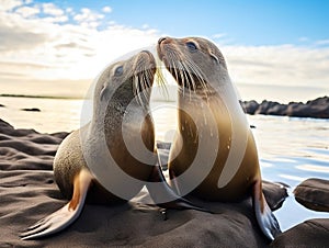 Ai Generated illustration Wildlife Concept of Sealion kiss