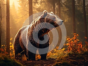 Ai Generated illustration Wildlife Concept of Side view of a brown bear in a forest in fall season