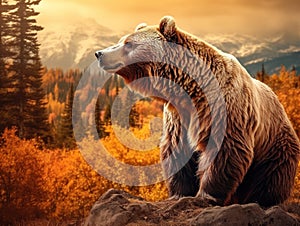 Ai Generated illustration Wildlife Concept of Side view of a brown bear in a forest in fall season