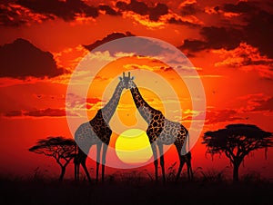 Ai Generated illustration Wildlife Concept of Silhouette of two giraffes watching large sun set in Africa
