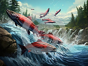 Ai Generated illustration Wildlife Concept of Sockeye Salmon jumping