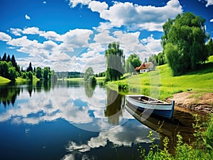 Ai Generated illustration Wildlife Concept of Spring summer landscape blue sky clouds river boat green trees in Sweden