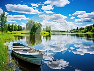 Ai Generated illustration Wildlife Concept of Spring summer landscape blue sky clouds river boat green trees in Sweden