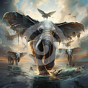 Ai Generated illustration Wildlife Concept of Surreal Flying Elephants Amazing Wildlife