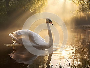 Ai Generated illustration Wildlife Concept of Swan and Streaming Sunshine on Foggy Morning