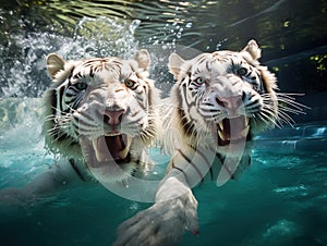 Ai Generated illustration Wildlife Concept of In the swim - White Tigers