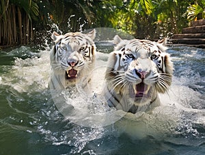 Ai Generated illustration Wildlife Concept of In the swim - White Tigers