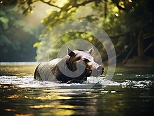 Ai Generated illustration Wildlife Concept of Tapir in river corcovado national park costa rica