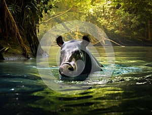 Ai Generated illustration Wildlife Concept of Tapir in river corcovado national park costa rica