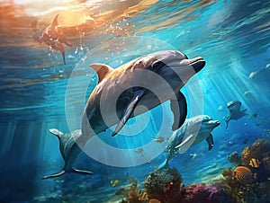 Ai Generated illustration Wildlife Concept of Three dolphins swimming underwater