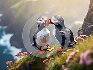 Ai Generated illustration Wildlife Concept of Three puffins