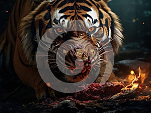 Ai Generated illustration Wildlife Concept of Tiger eating a piece of meat