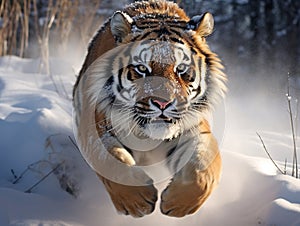 Ai Generated illustration Wildlife Concept of Tiger jumping on snow