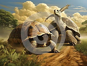 Ai Generated illustration Wildlife Concept of Tortoise and giant rabbit starting a race