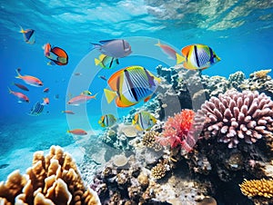 Ai Generated illustration Wildlife Concept of Tropical fish at the Great Barrier Reef.